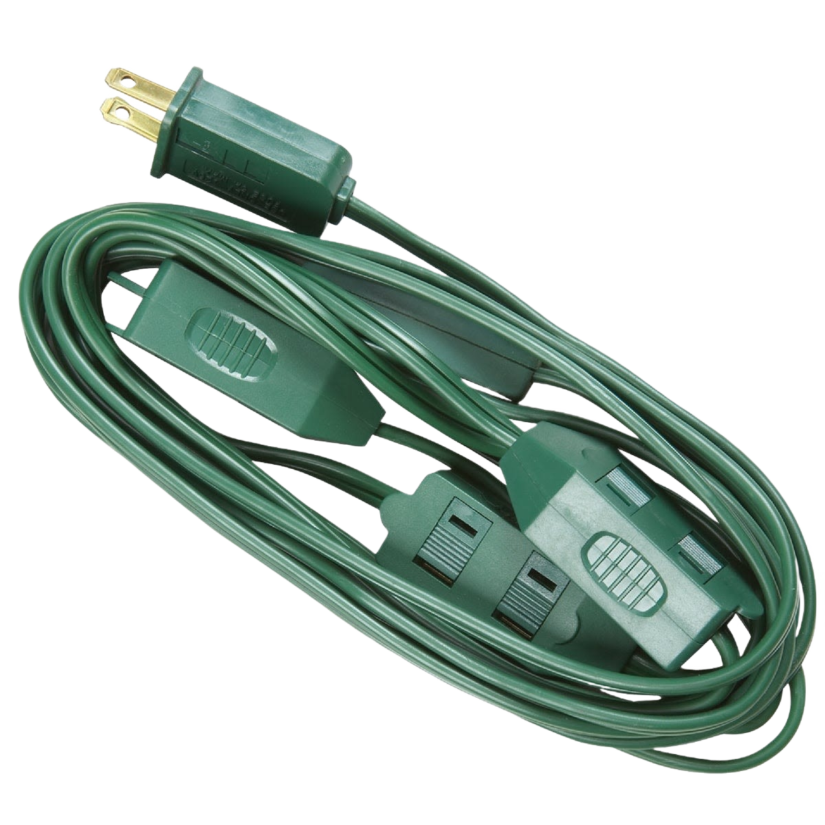 Green extension cord with multiple outlets and inline switches for holiday lighting and home improvement projects