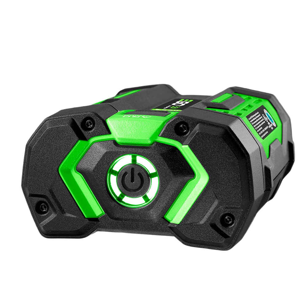 Green and black rechargeable battery pack with fuel gauge light and power button for tools and home improvement use