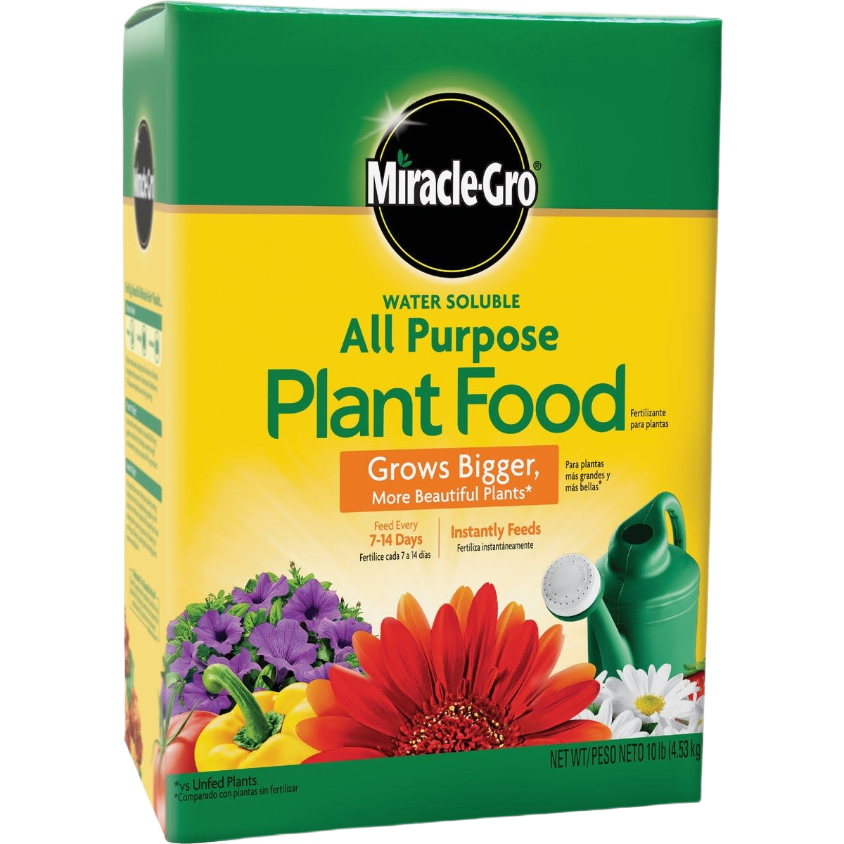 Green and yellow box of Miracle-Gro water soluble plant food with flowers and garden watering can on front