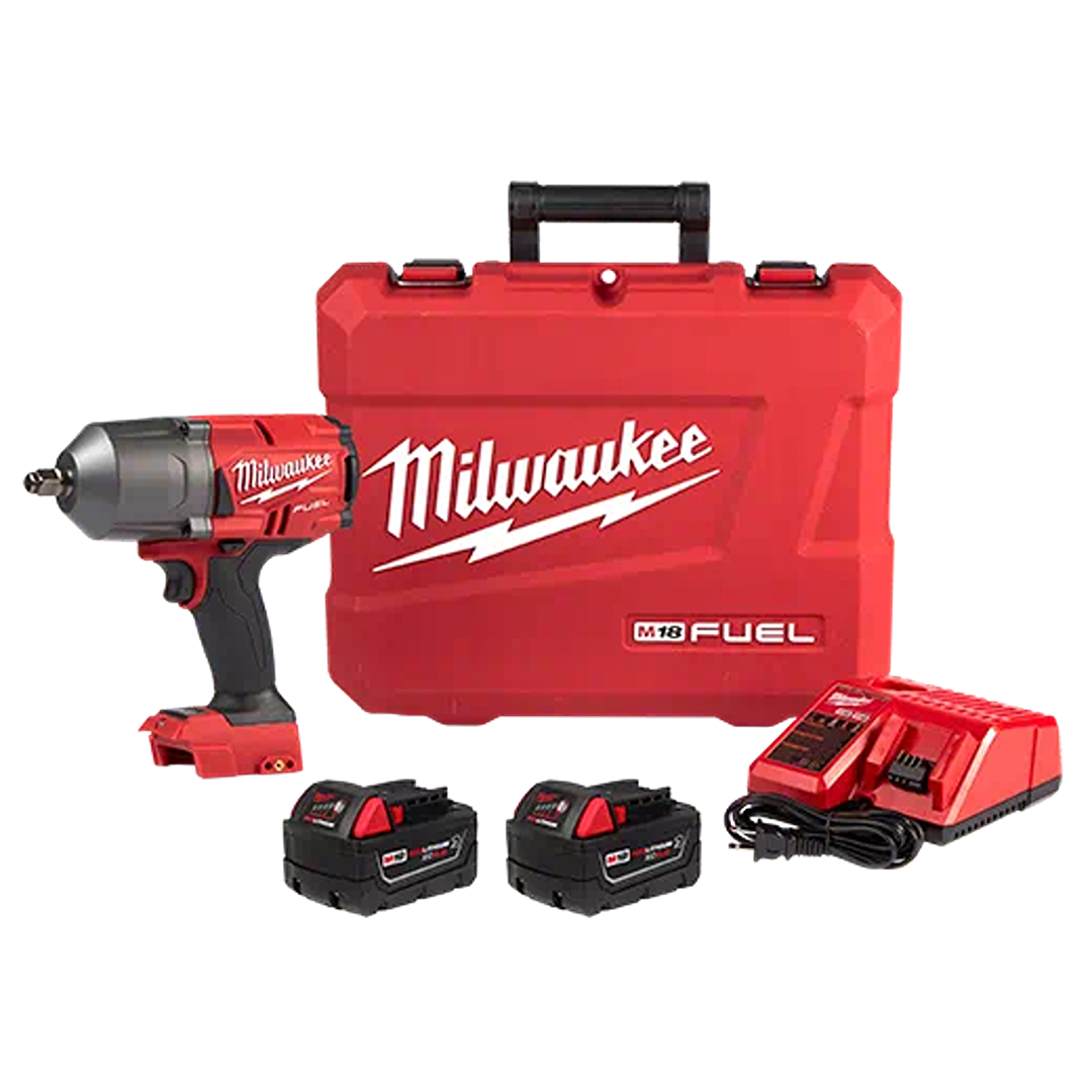 Red Milwaukee M18 FUEL impact wrench with two batteries, charger, and durable carrying case for home improvement tasks