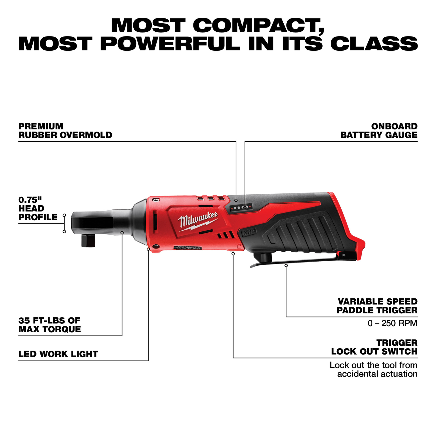 Red and black cordless ratchet with premium rubber grip, LED work light, and variable speed trigger for home improvement tasks