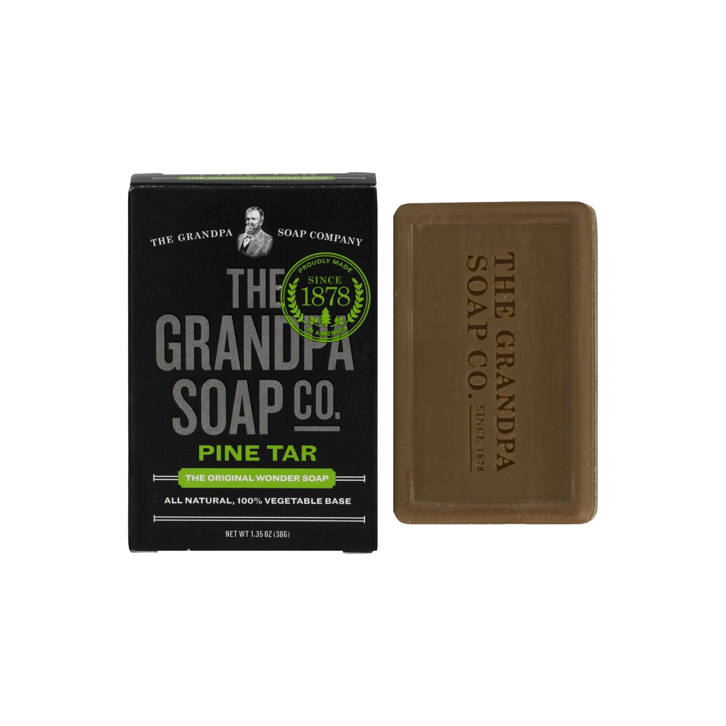 Bar of pine tar soap with black packaging featuring vintage branding, part of Health & Beauty and Under $25 collections.