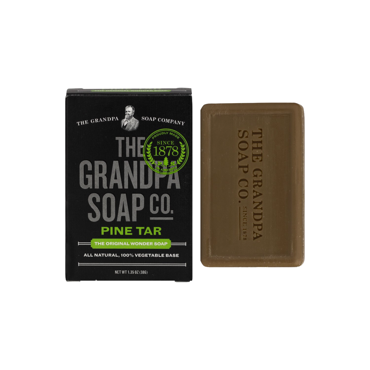 Bar of pine tar soap with black packaging featuring vintage branding, part of Health & Beauty and Under $25 collections.