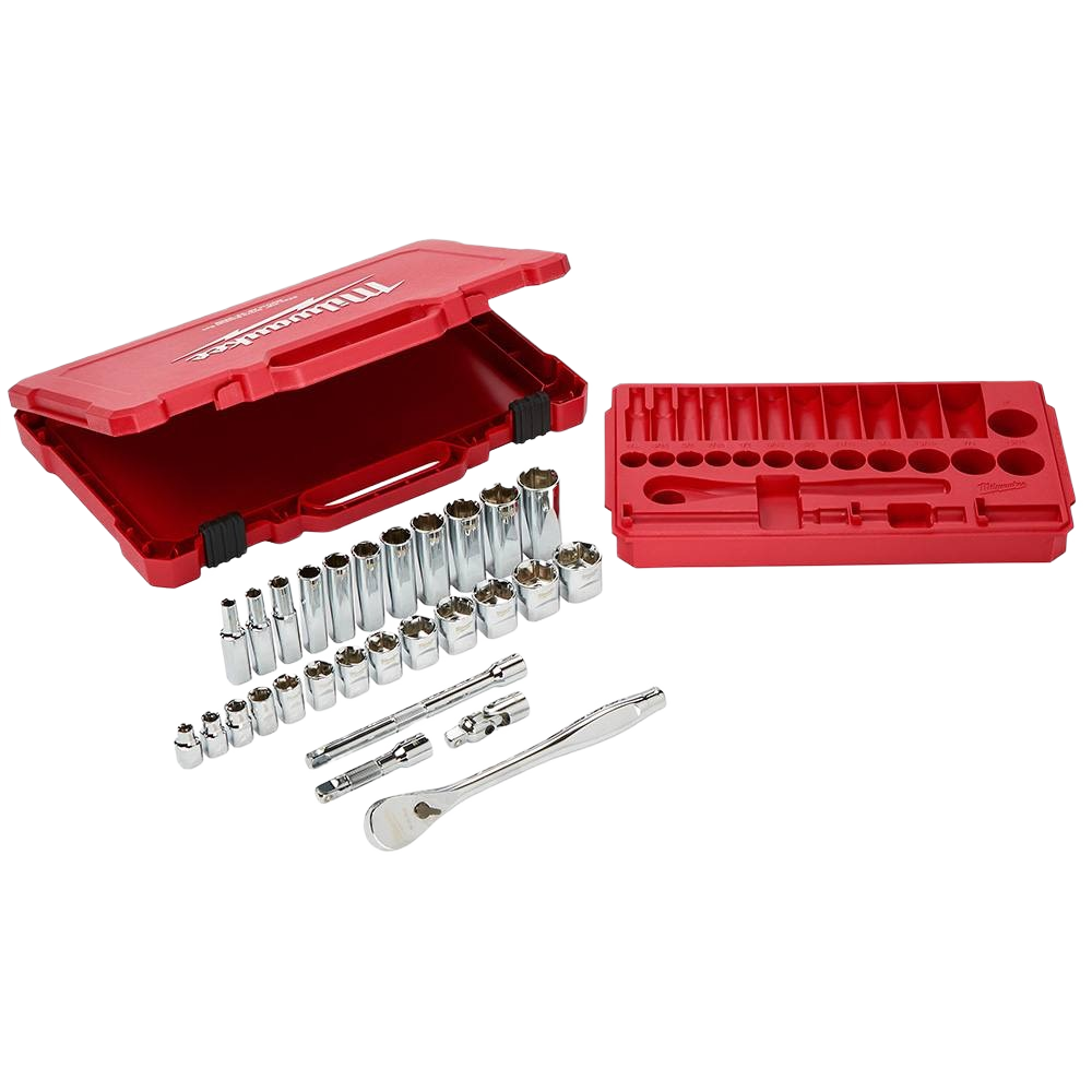 Red Milwaukee case with chrome SAE sockets, 3/8" drive ratchet, and organizer tray for hand and woodworking tools