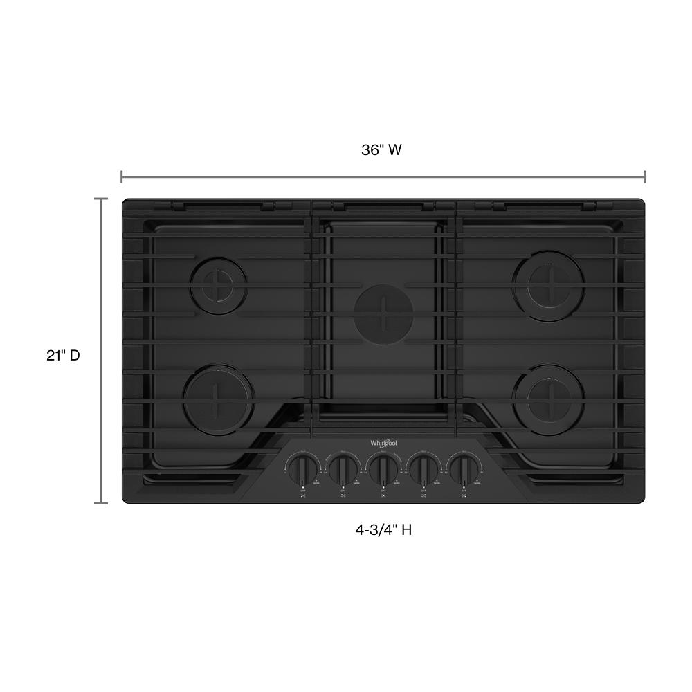 Top view of a 36-inch gas cooktop with five burners and black hinged cast-iron grates in kitchen appliances collection