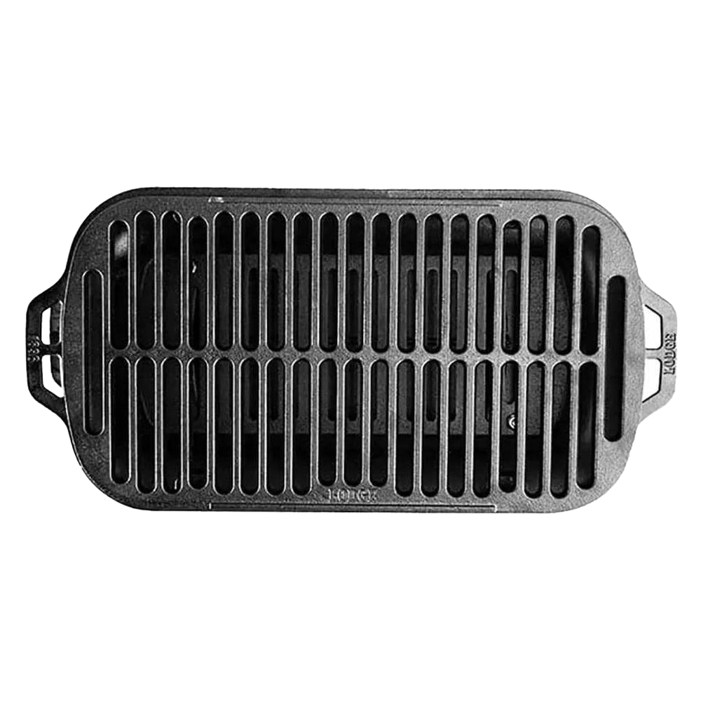 Top-down view of rectangular cast iron grill with dual handles from Lodge Cast Iron kitchenware collection