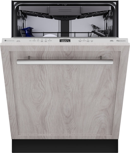Open 24-inch panel-ready dishwasher with light wood finish and stainless steel handle in modern kitchen appliances setting