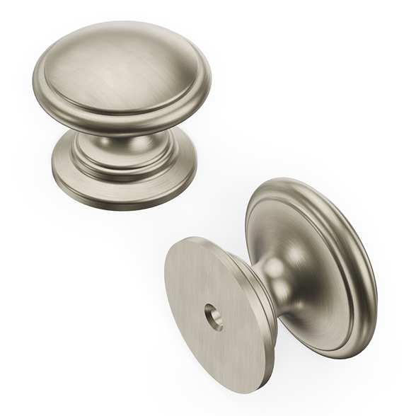 Two satin nickel cabinet knobs with classic Williamsburg design for home improvement projects