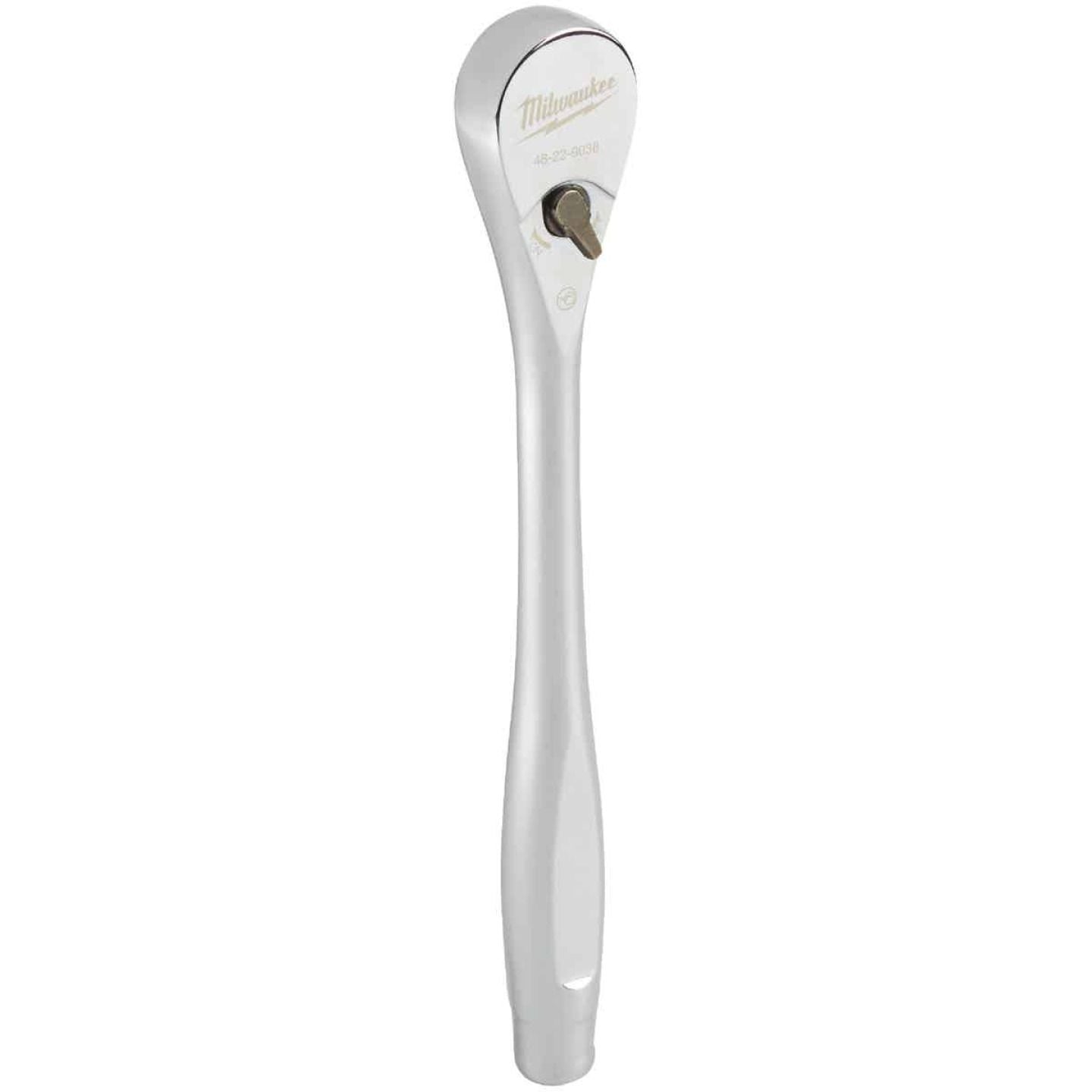 Chrome-finished 3/8" drive ratchet with slim build for woodworking and hand tool collections under $50