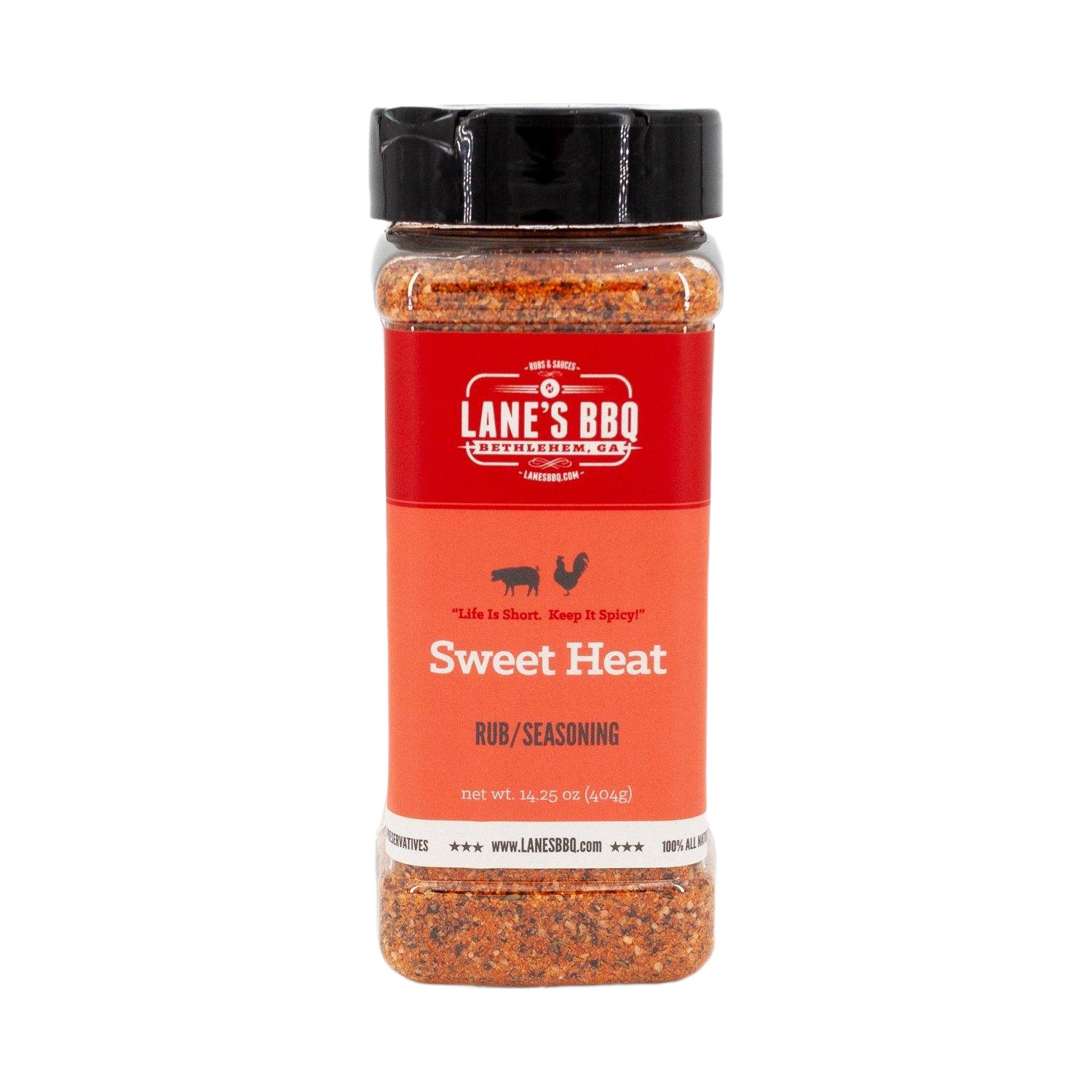 Plastic spice container of Lane's Sweet Heat BBQ rub with black lid for grilling sauces and outdoor living collections