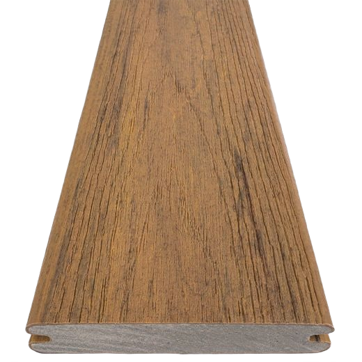 Grooved deck board in antique leather finish with wire-brushed texture for decking and lumber projects in home improvement collections