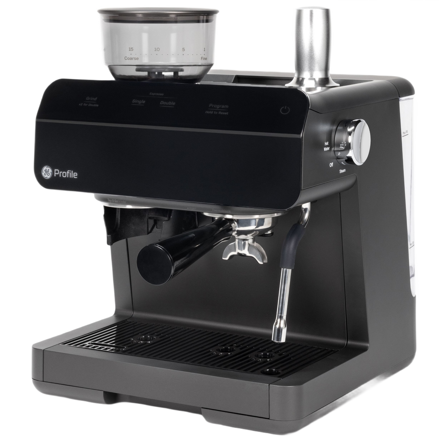 Black semi-automatic espresso machine with frother and visible bean grinder for home coffee preparation