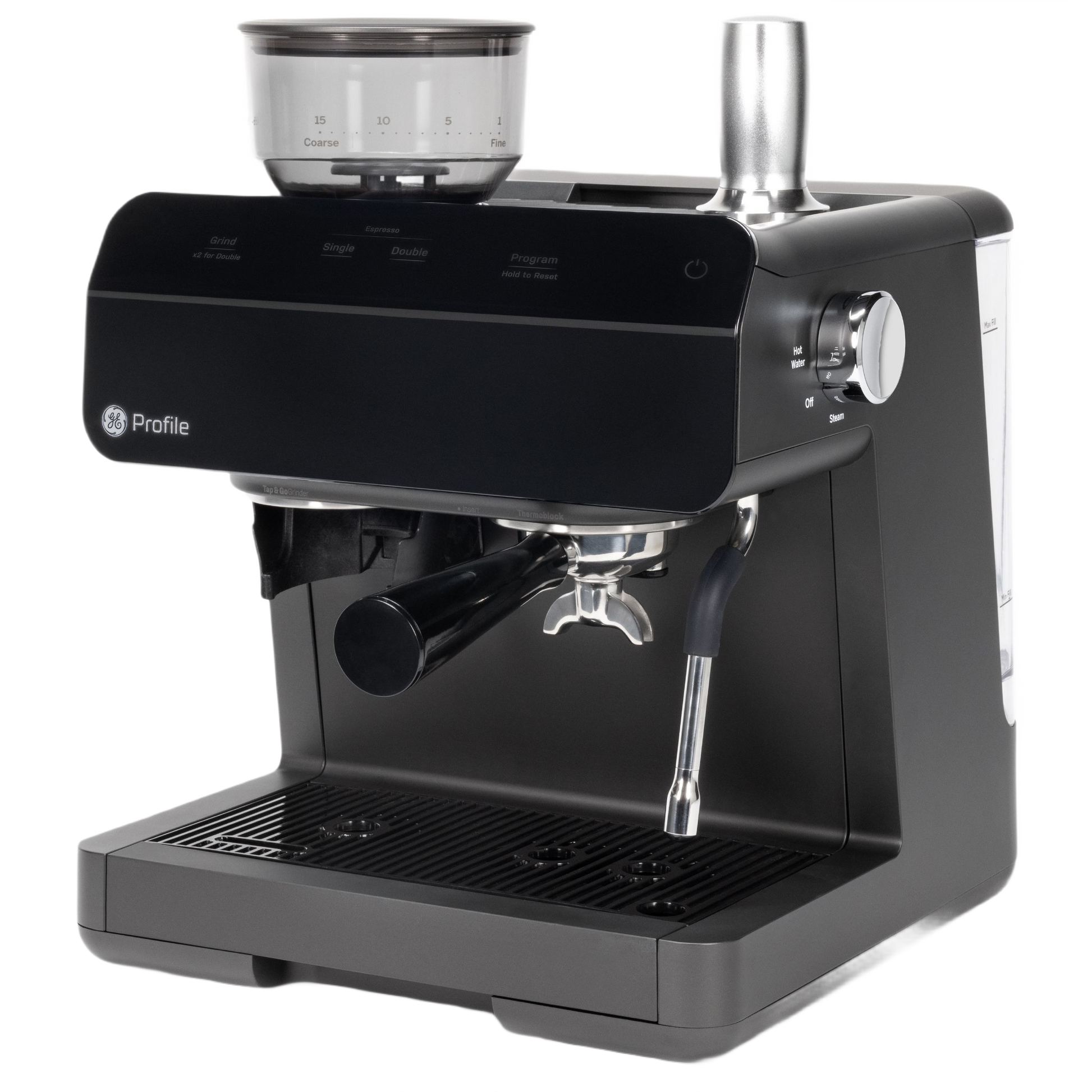 Black semi-automatic espresso machine with frother and visible bean grinder for home coffee preparation
