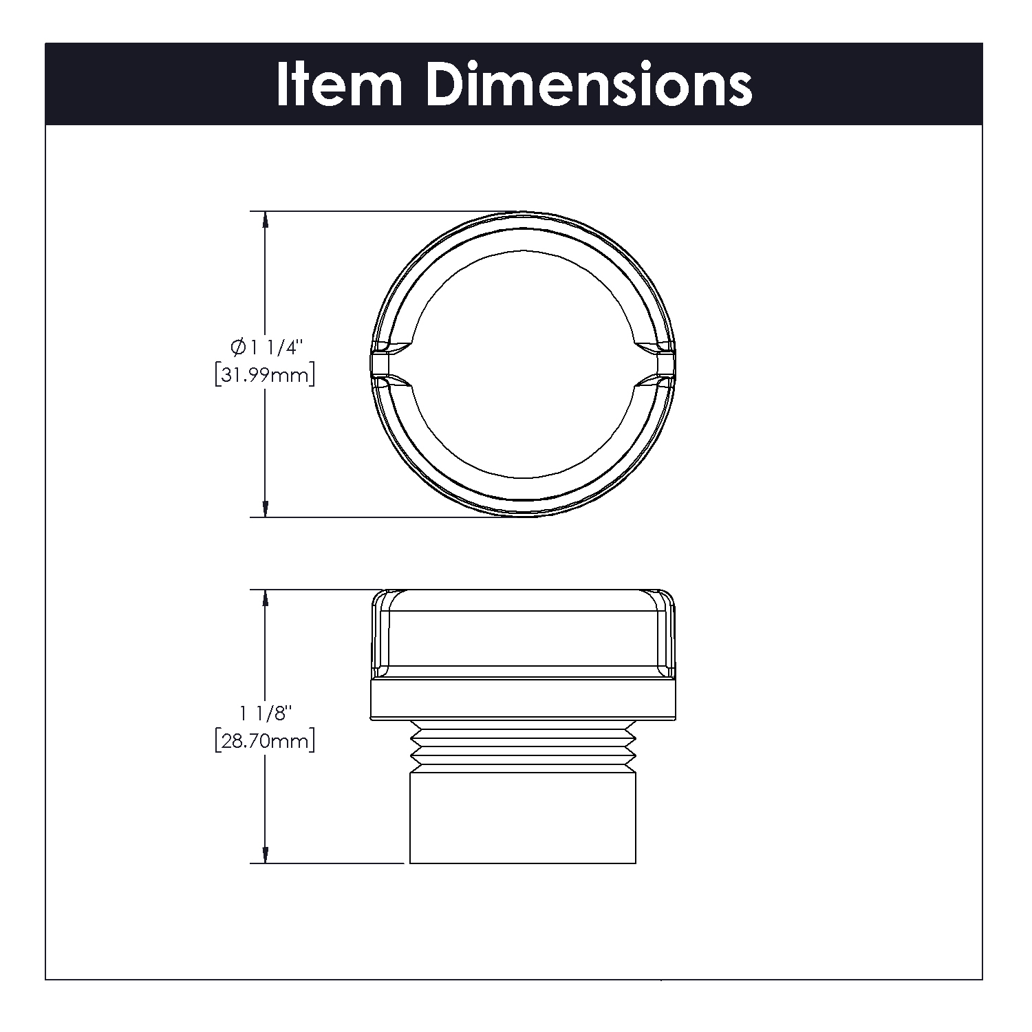 Technical drawing showing dimensions of a black nickel pipeline knob for furniture hardware under $50 collection