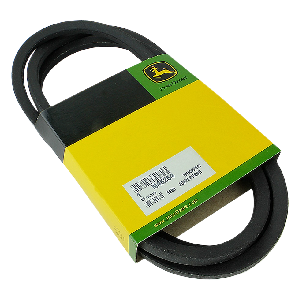 Black rubber primary deck drive belt with yellow and green John Deere branded packaging for equipment maintenance