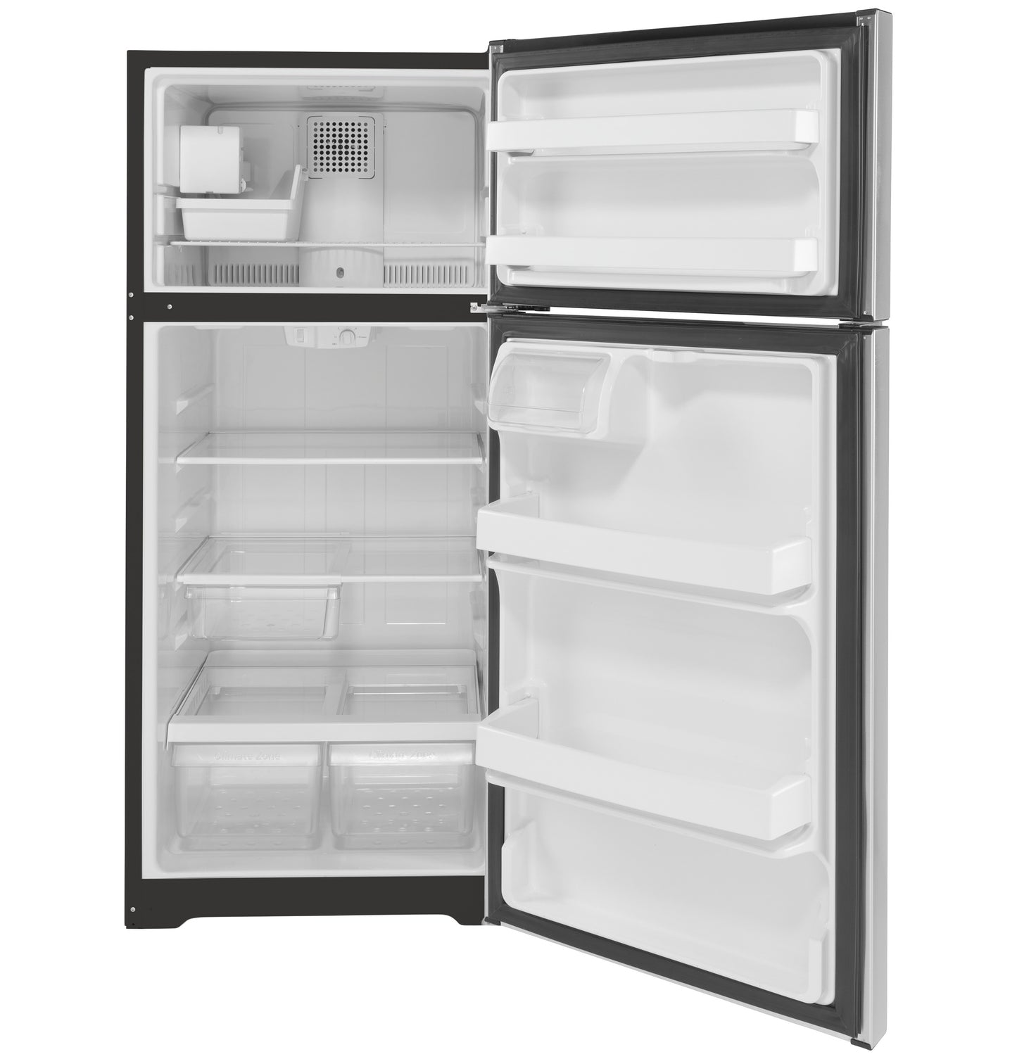 Open black and stainless steel top freezer refrigerator showing empty shelves, drawers, and door bins from the kitchen appliances collection