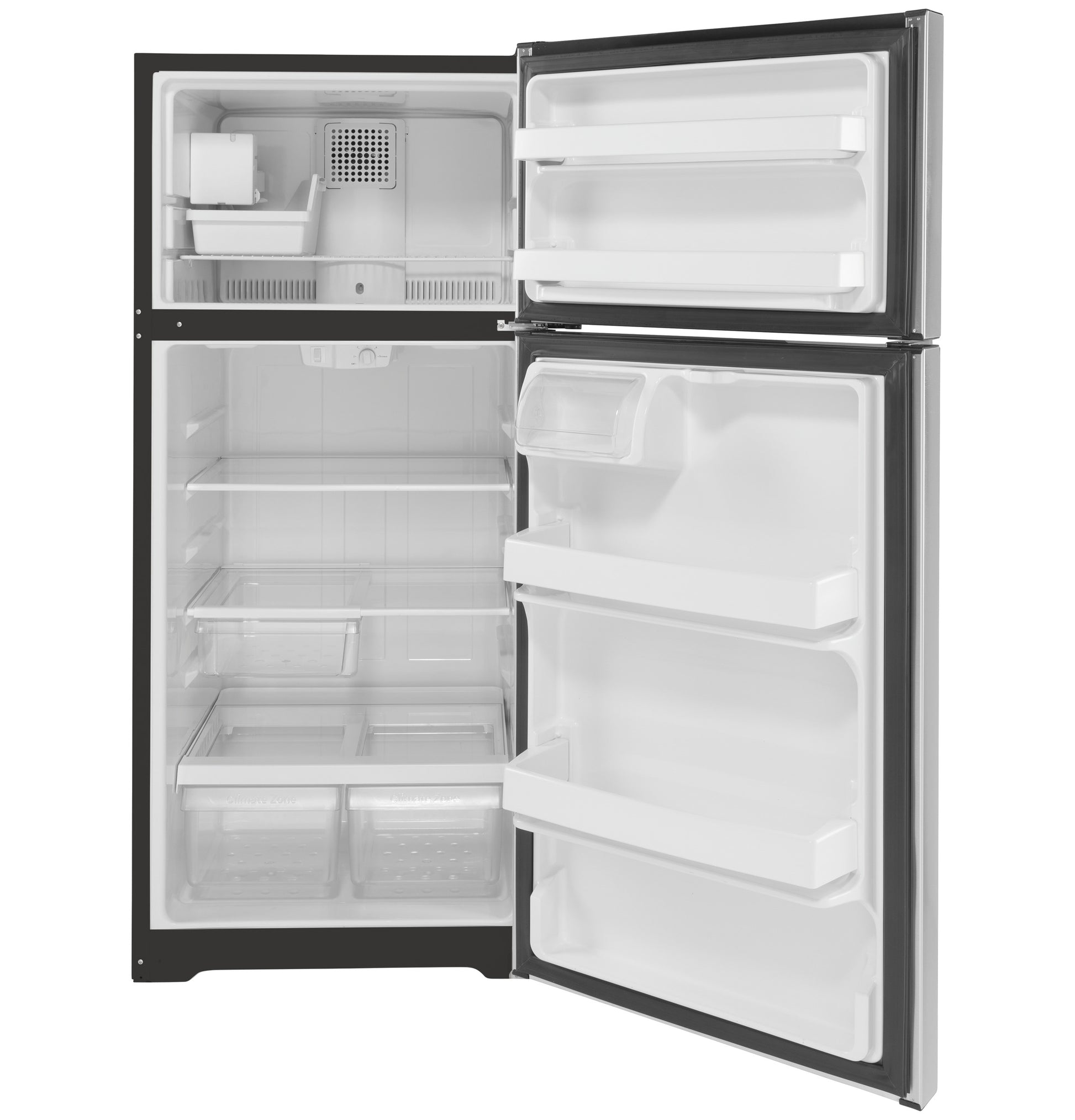 Open black and stainless steel top freezer refrigerator showing empty shelves, drawers, and door bins from the kitchen appliances collection