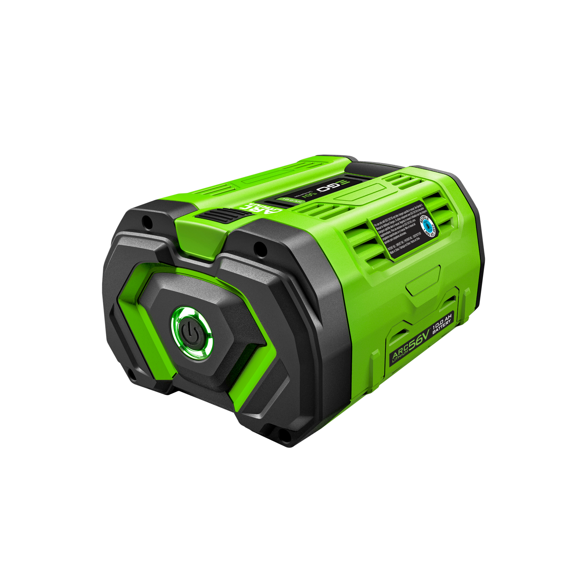Green and black high-capacity rechargeable 10.0Ah battery pack with built-in fuel gauge for tools and home improvement tasks