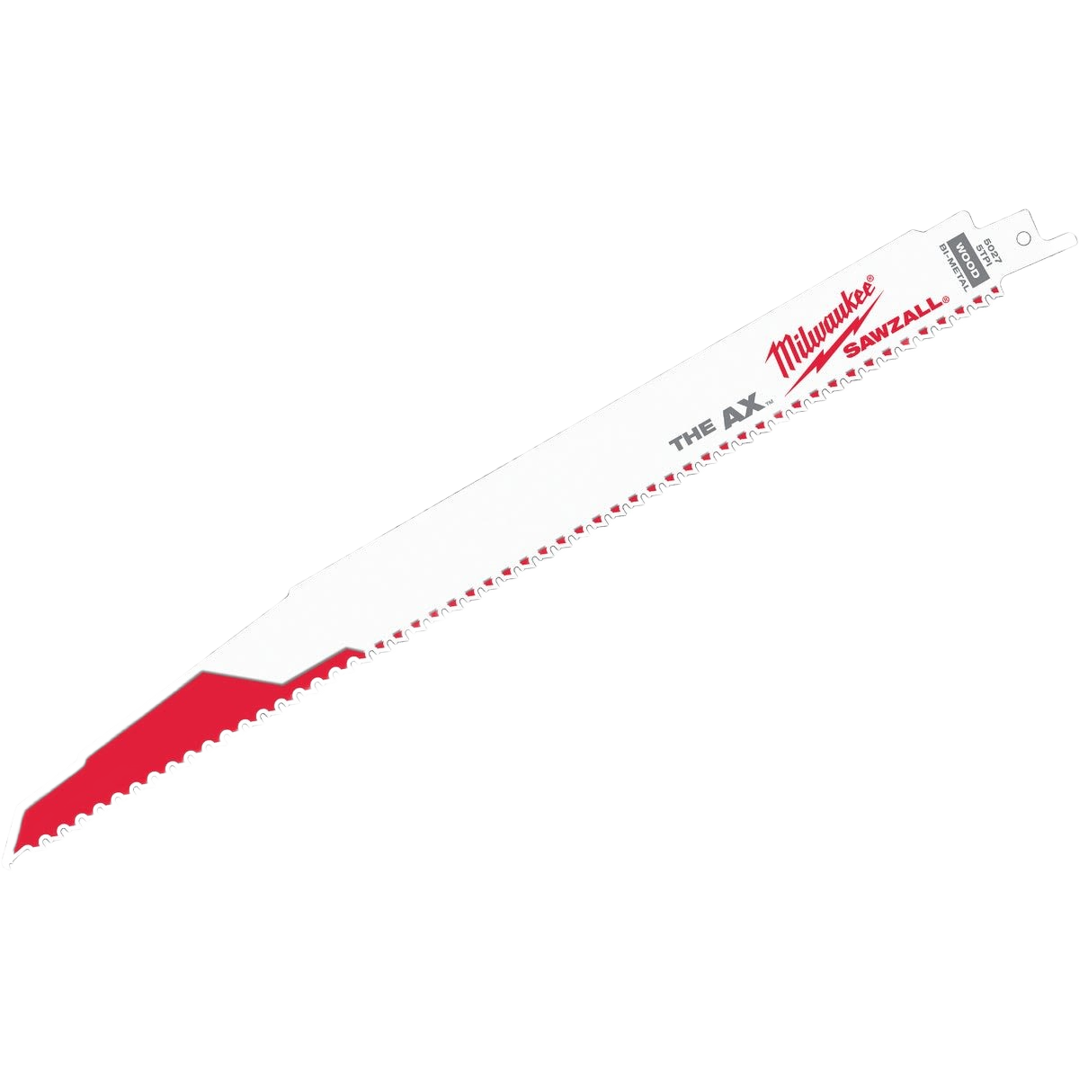 Single 12-inch reciprocating saw blade with aggressive 5-TPI teeth for cutting wood and demolition in home improvement tasks