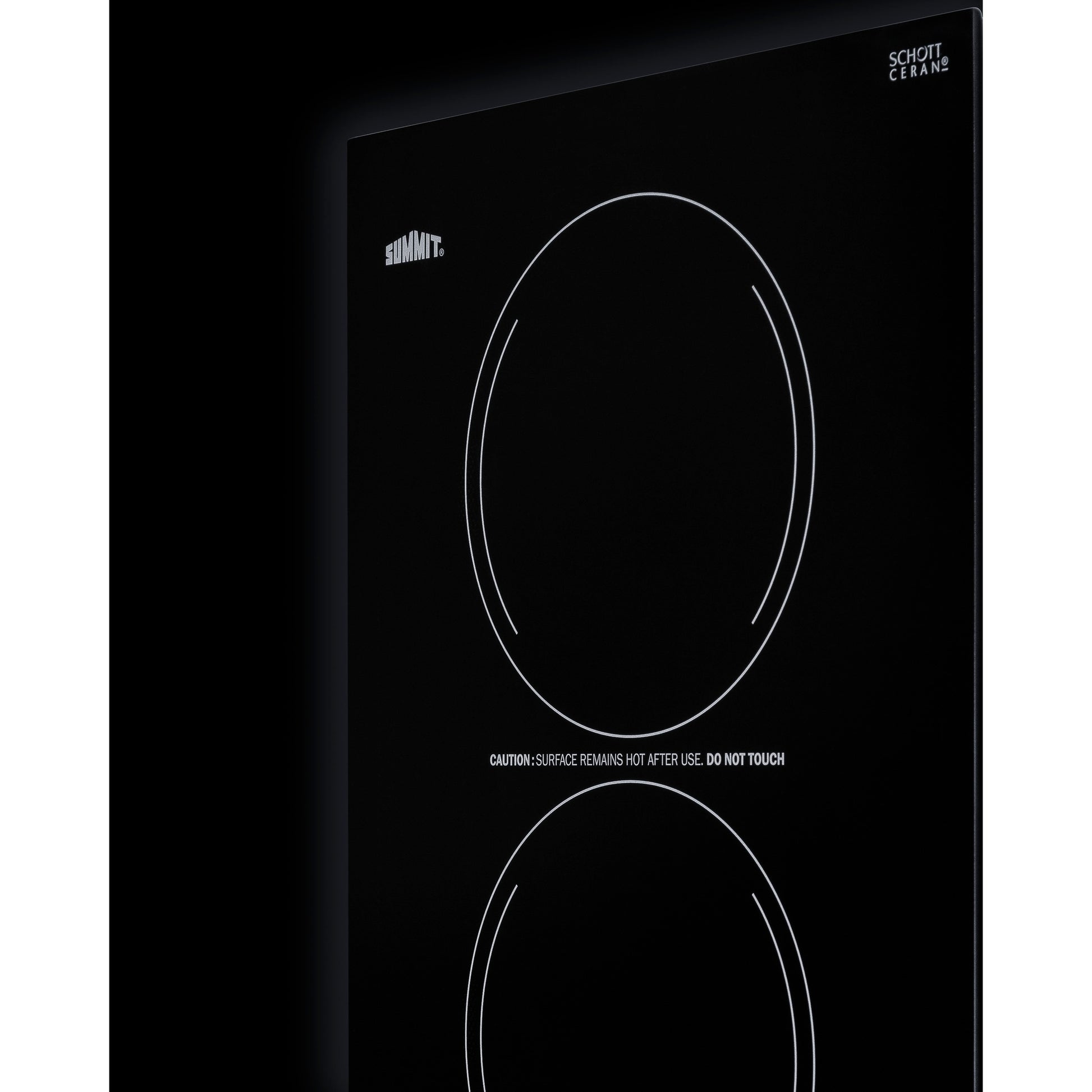 Black ceramic glass cooktop with two radiant burners and subtle white markings in kitchen appliances and cooktops collection
