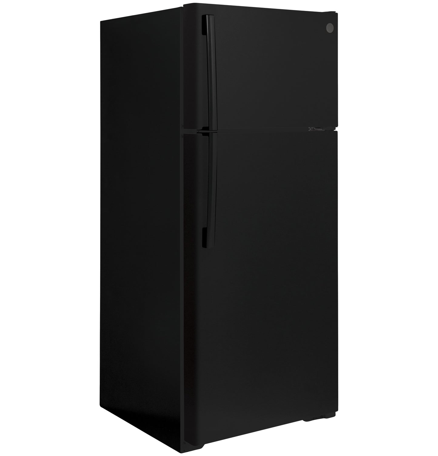 Matte black top-freezer refrigerator with simple handles, ideal for kitchens and home improvement appliance collections