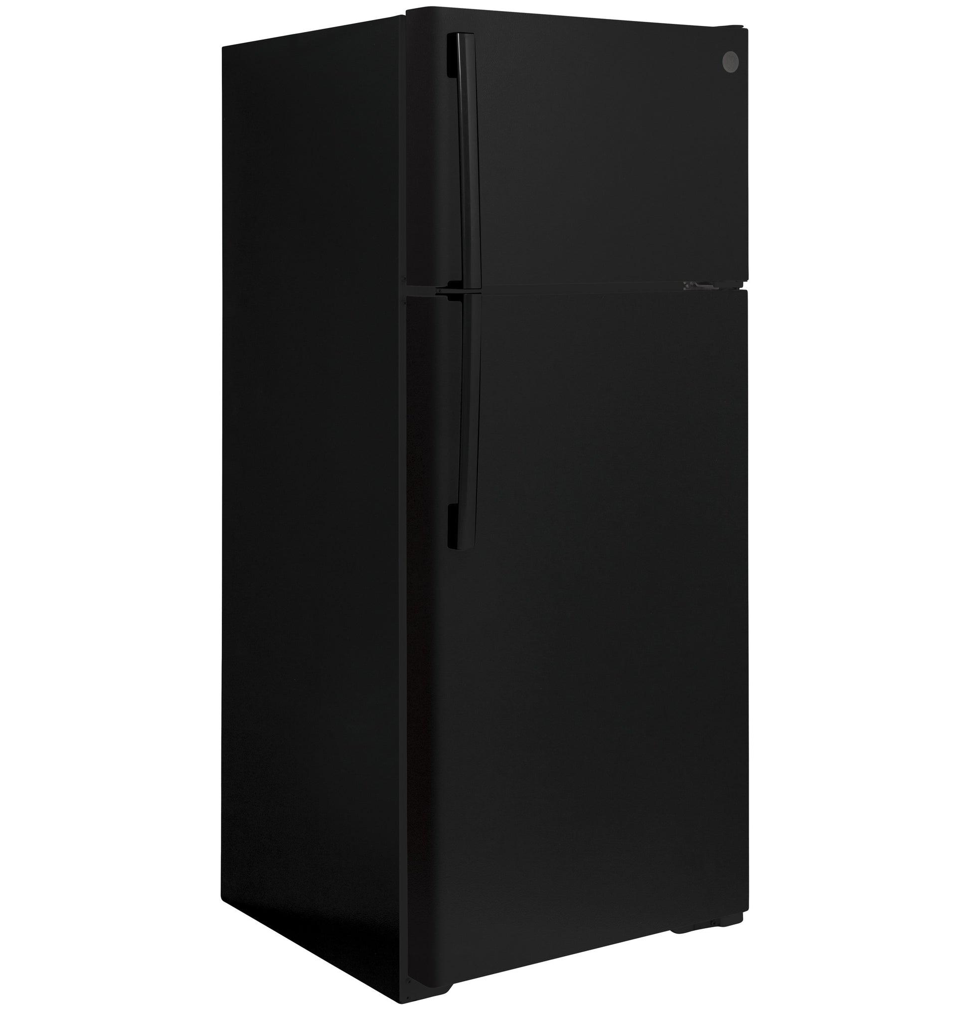 Matte black top-freezer refrigerator with simple handles, ideal for kitchens and home improvement appliance collections