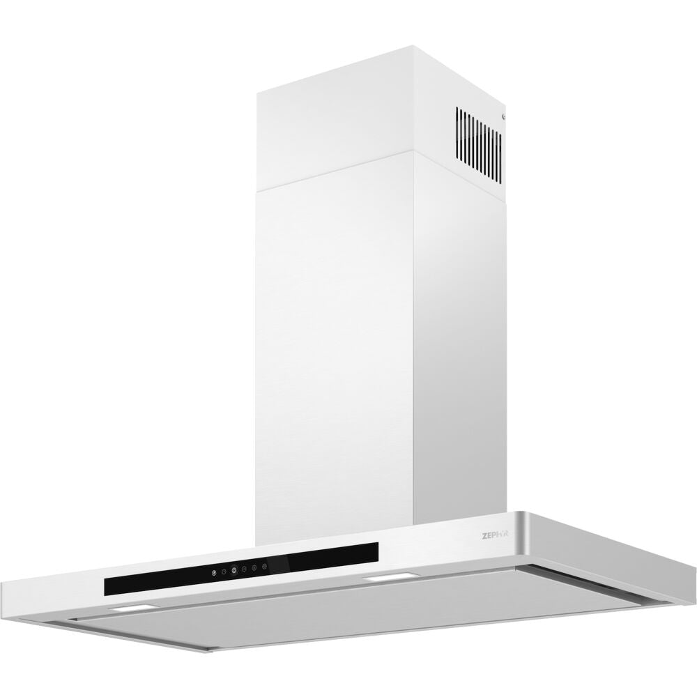 White low-profile chimney hood with sleek LED lighting and invisible touch controls in kitchen appliances collection.