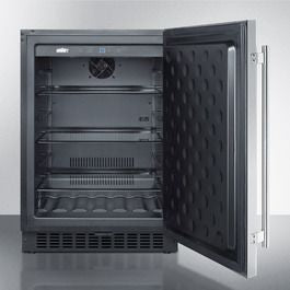 24-inch wide black outdoor all-refrigerator with open door showing interior shelves in appliances collection