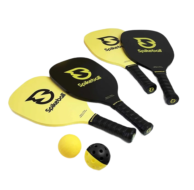 Set of four black and yellow paddles with two matching balls for outdoor games in toys and games collection