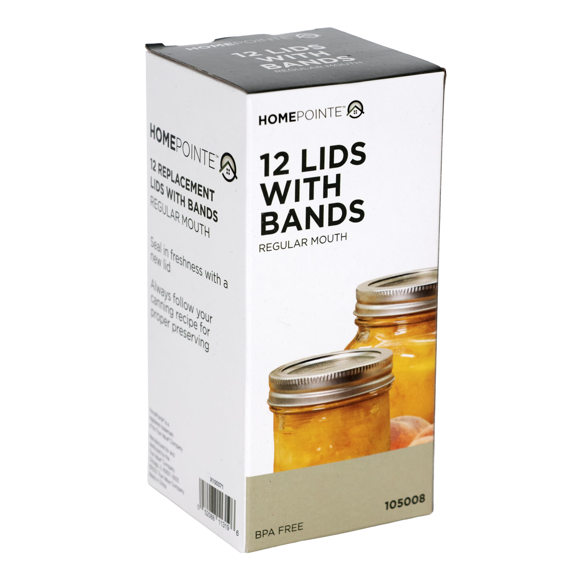 Box containing 12 silver lids with bands for regular-mouth jars shown next to preserving jars in kitchenware under $50 collection