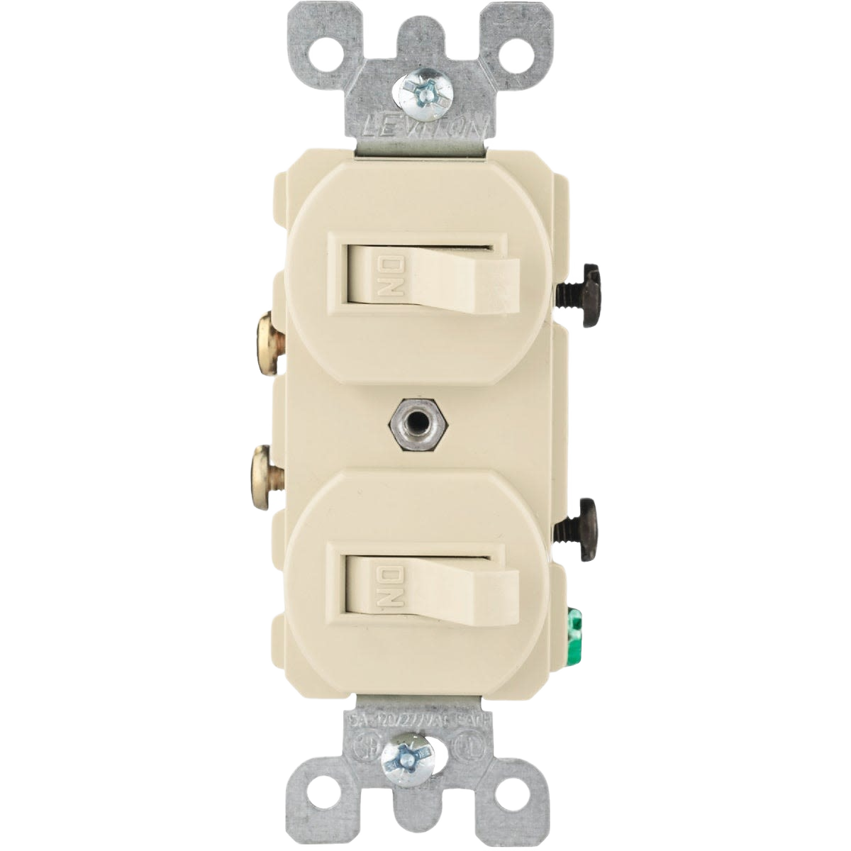 Ivory quiet duplex light switch with two toggle controls and metal mounting bracket for home improvement use