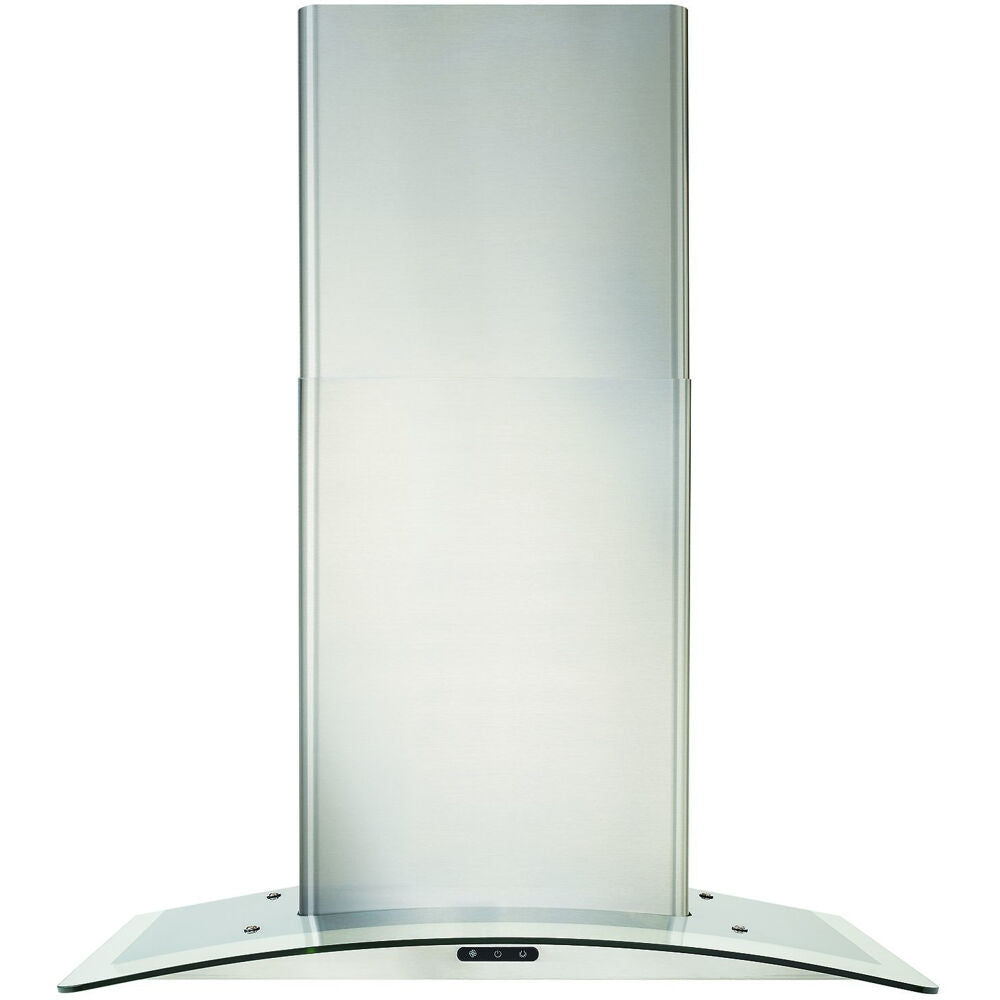 Stainless steel range hood with curved glass canopy and electronic controls for kitchen ventilation in home improvement collection