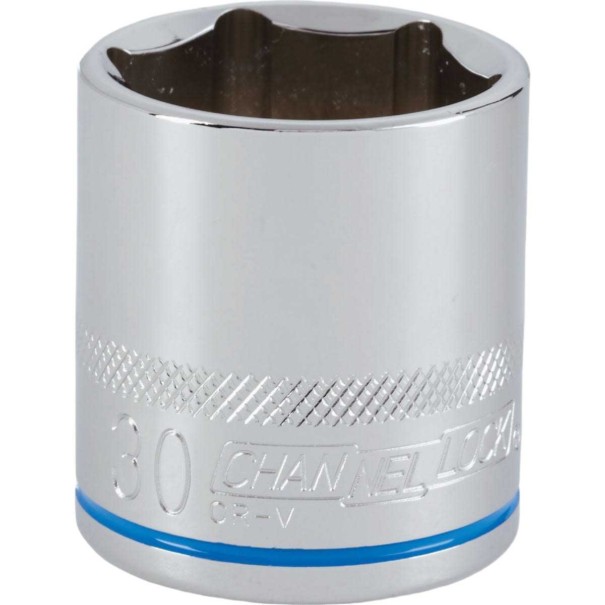 Chrome-finished 30mm 6-point shallow socket with blue band for home improvement and tool use