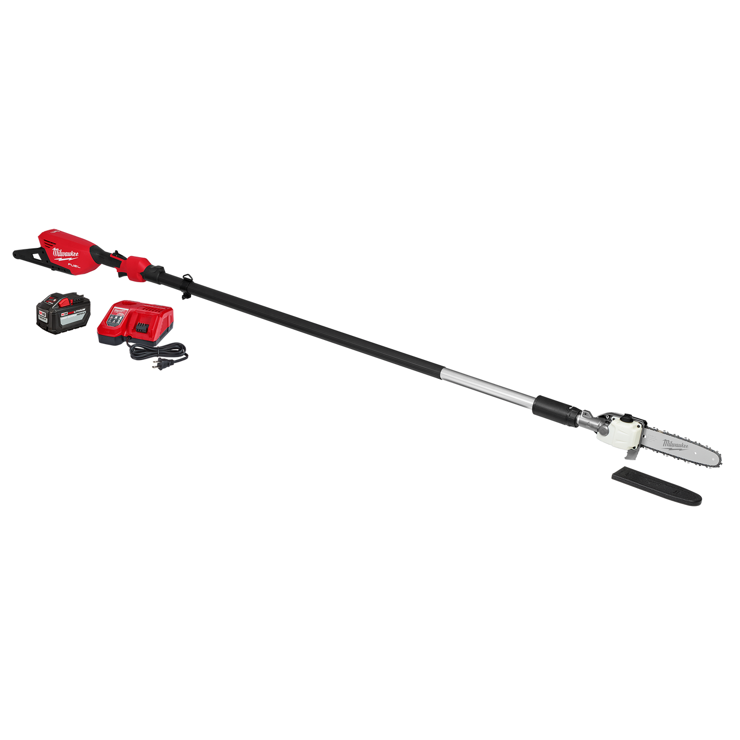 Red and black telescoping pole saw with battery and charger included for outdoor power tool use in home improvement tasks