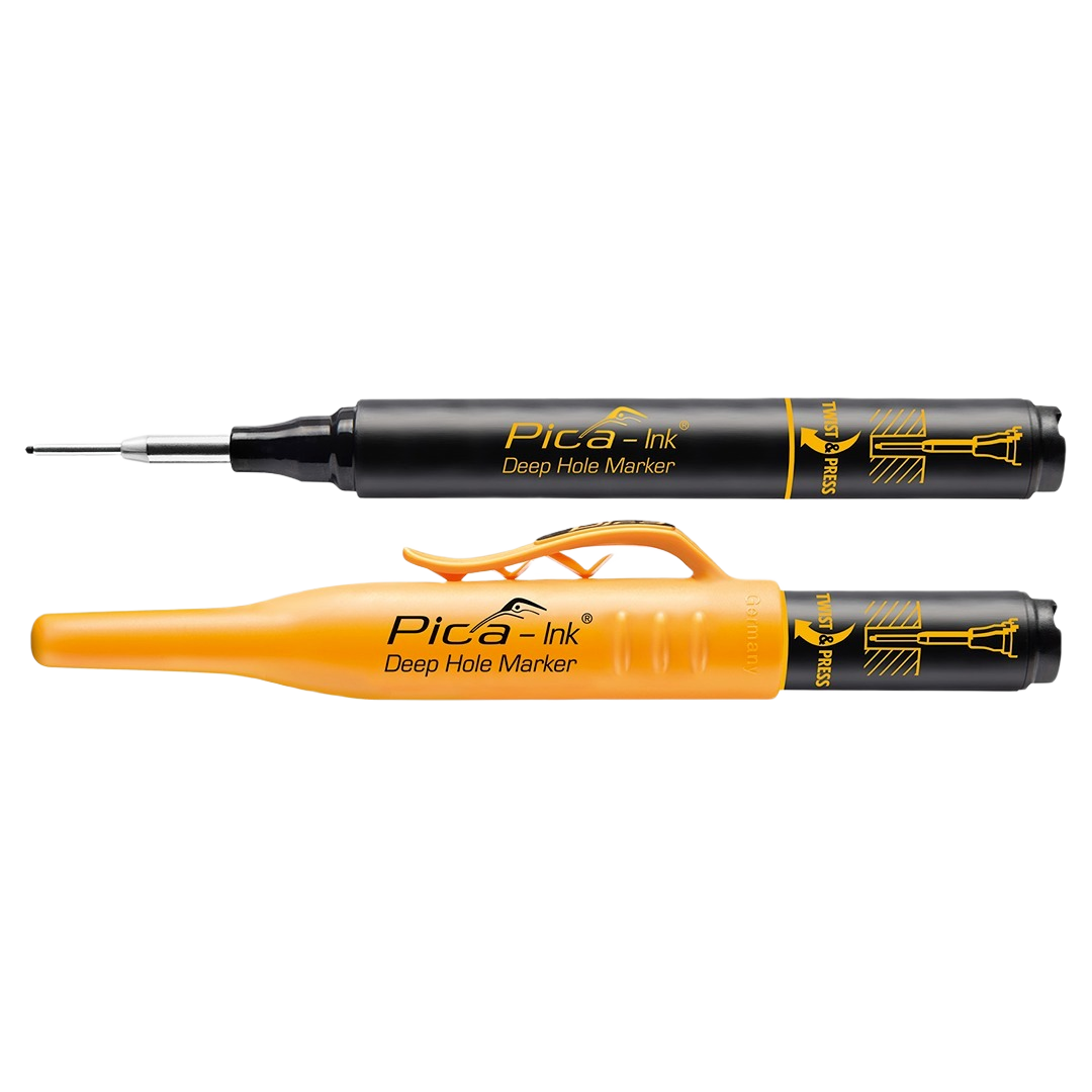 Black and yellow deep hole markers with extended tips and clip attachments for precise marking in tools and home improvement tasks