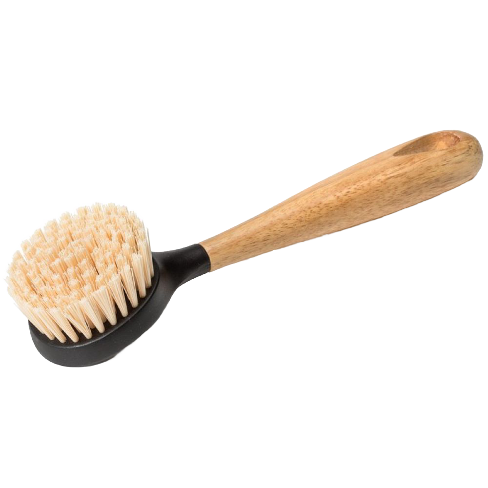 Stiff nylon scrub brush with round bristle head and wooden handle for kitchen gadgets and cookware cleaning tasks