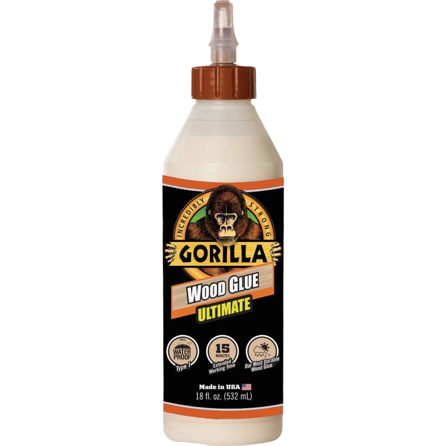 18 oz. bottle of Gorilla Ultimate wood glue with brown cap and black label for home improvement use