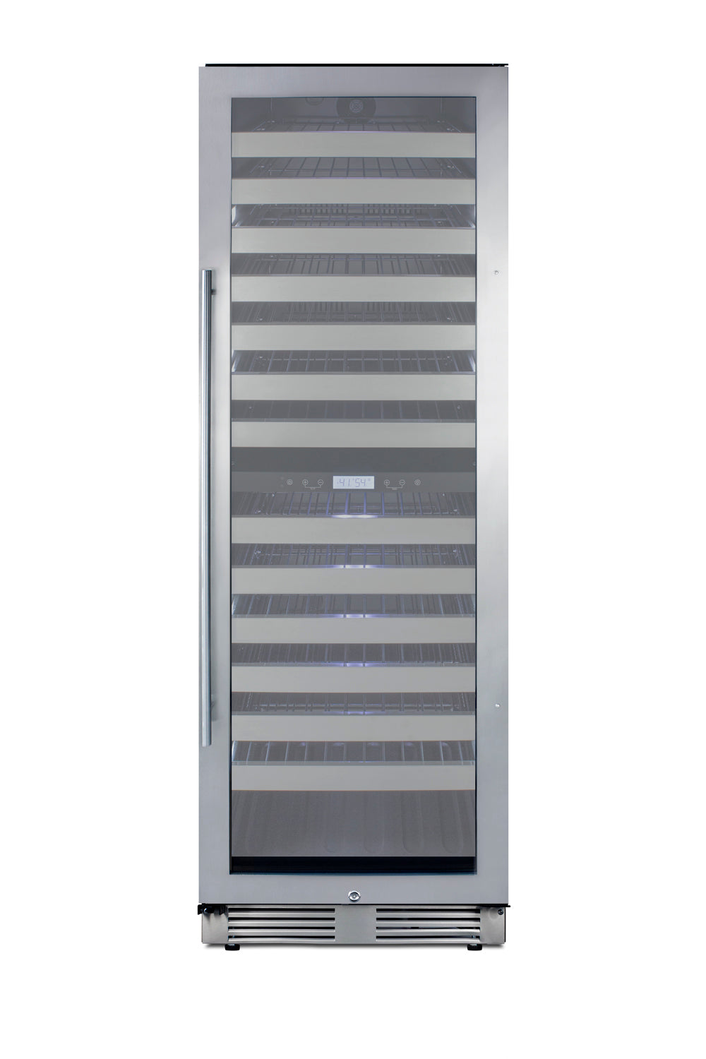 Tall stainless steel dual zone wine cellar with glass door and horizontal shelving in kitchen appliances collection