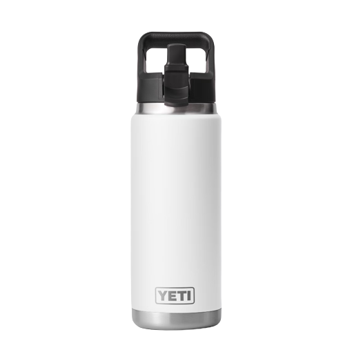 White stainless steel insulated 26 oz bottle with black straw cap and wide handle from Drinkware and Kitchen collections