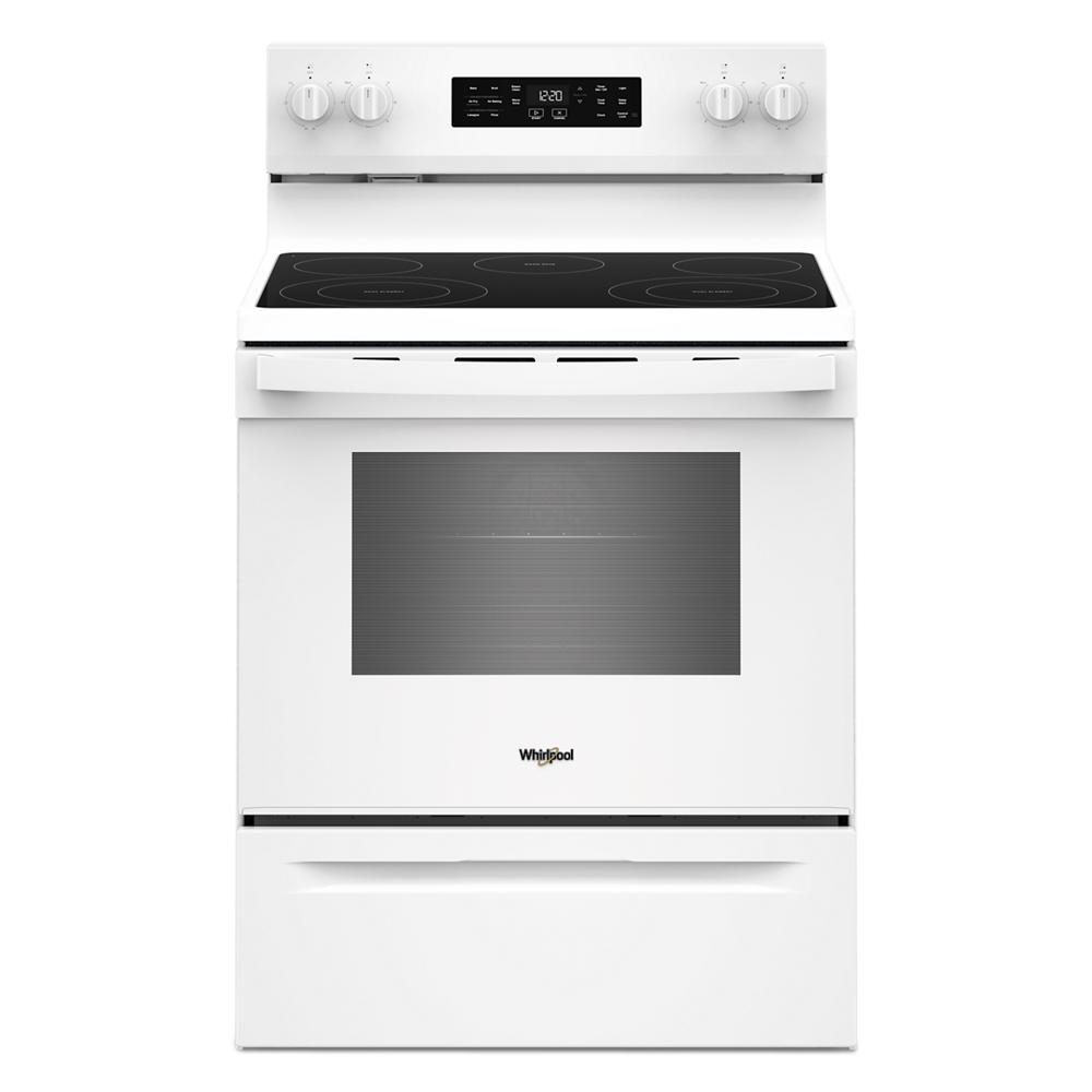 white freestanding electric range with smooth cooktop, digital control panel, and oven door in kitchen appliances collection