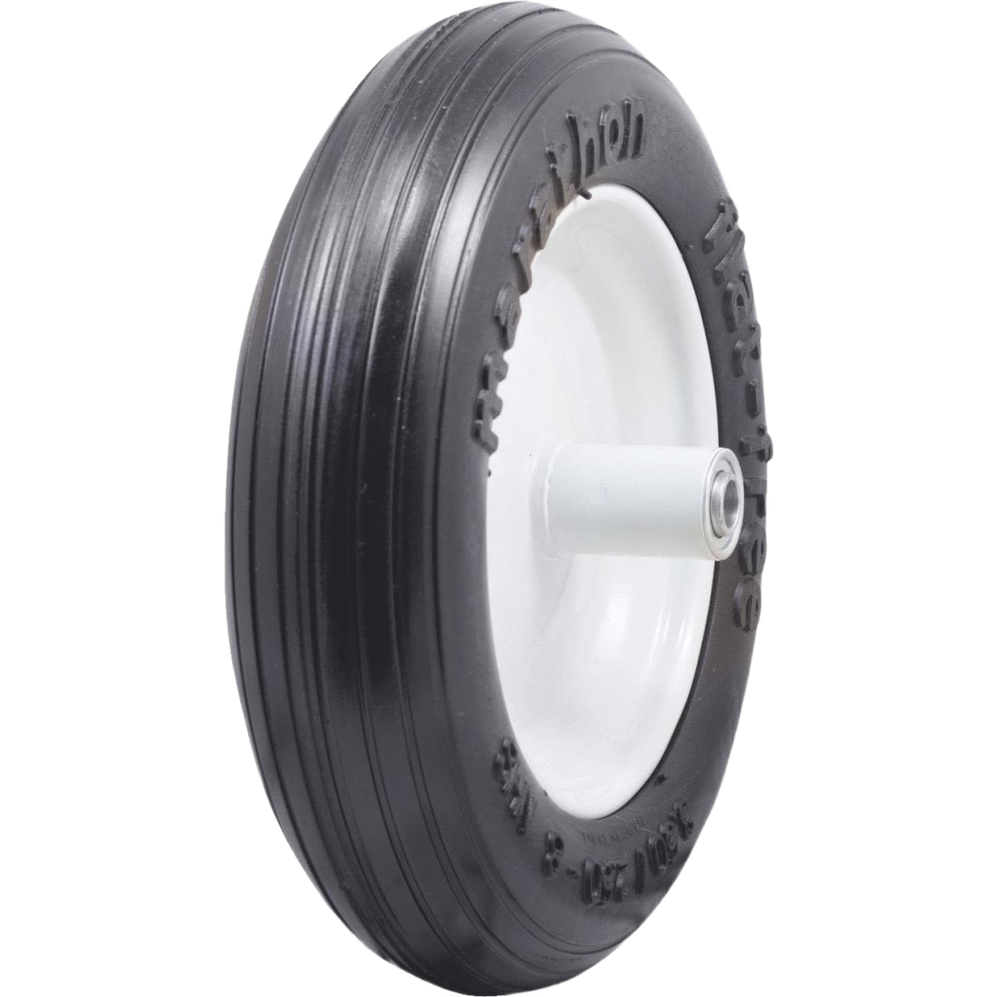 Replacement wheelbarrow wheel with durable rubber tire and white metal rim for tools and home improvement projects