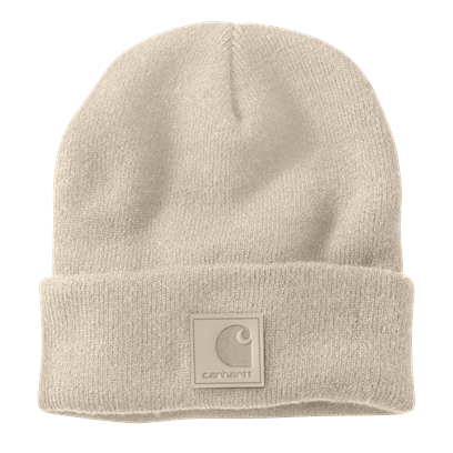 Light beige rib knit beanie with a matching leather logo patch, designed for warmth and comfort in clothing, accessories, and scarves & hats collections.