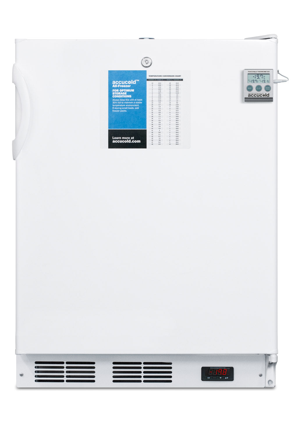 White built-in all-freezer with digital thermostat and lock designed for ADA compliant kitchens in appliances collection