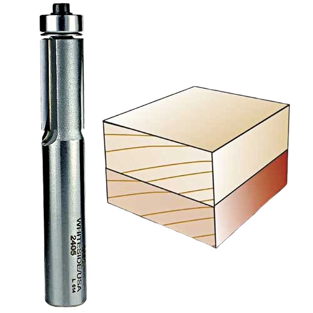 Close-up of a metal flush trim router bit tool used for precise woodworking and home improvement tasks