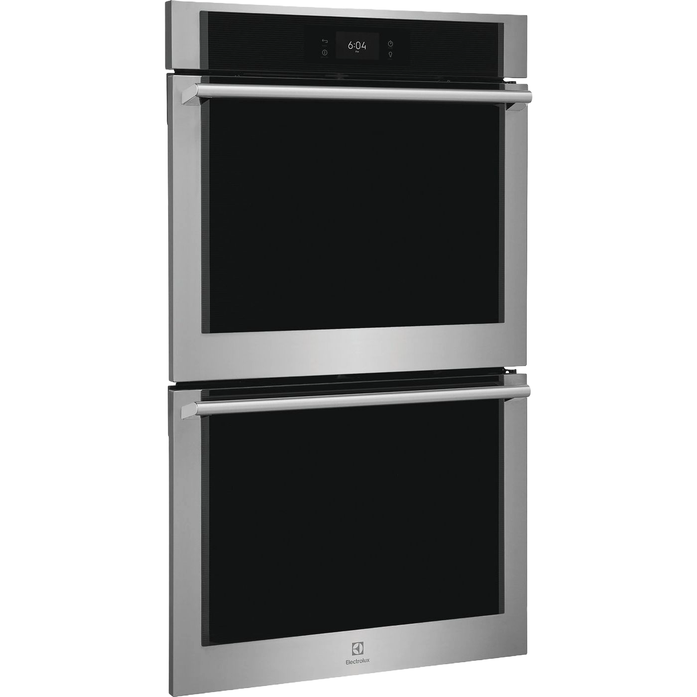 Stainless steel double wall oven with digital display and sleek handles from kitchen appliances collection