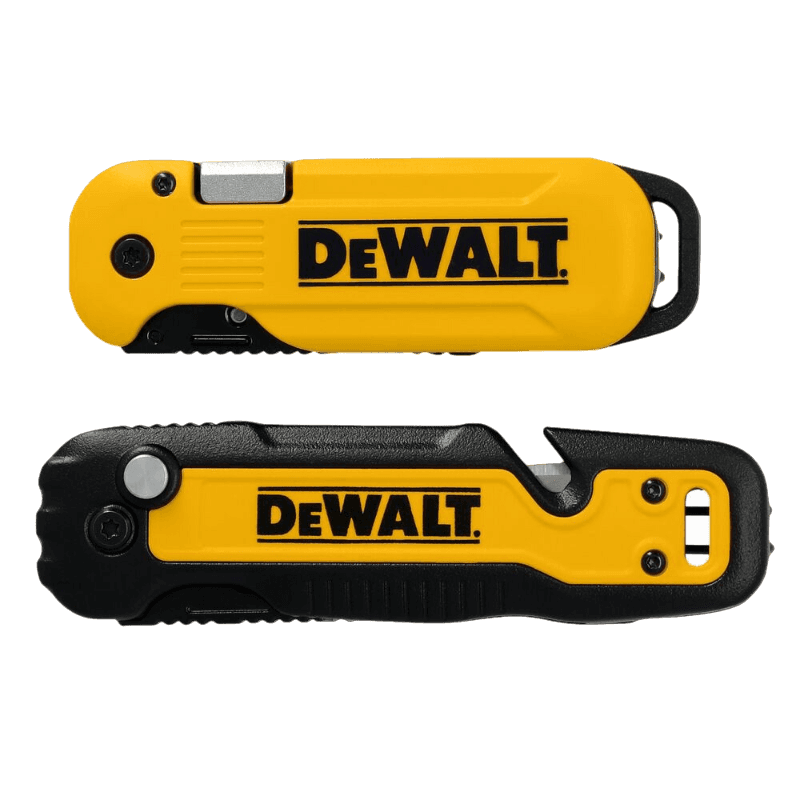 Two compact DEWALT folding utility knives with push and flip blade mechanisms for cutting and woodworking tasks.