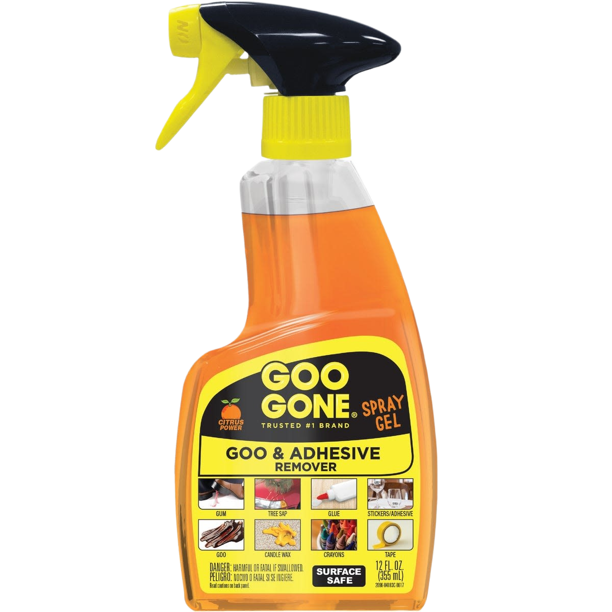 Orange Goo Gone spray gel bottle with yellow and black trigger for adhesive remover in cleaning supplies collections