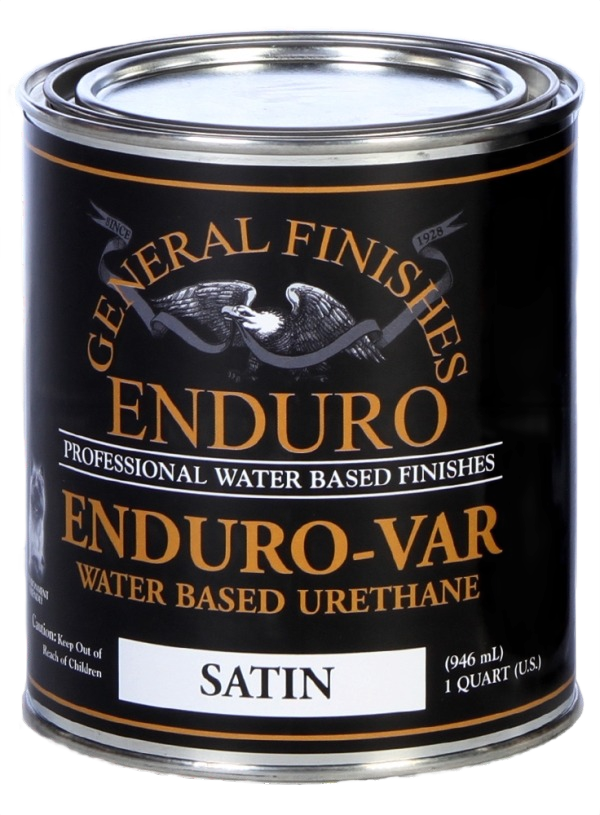 Quart can of satin water-based urethane finish for wood sealing and protection in stains and finishes collection