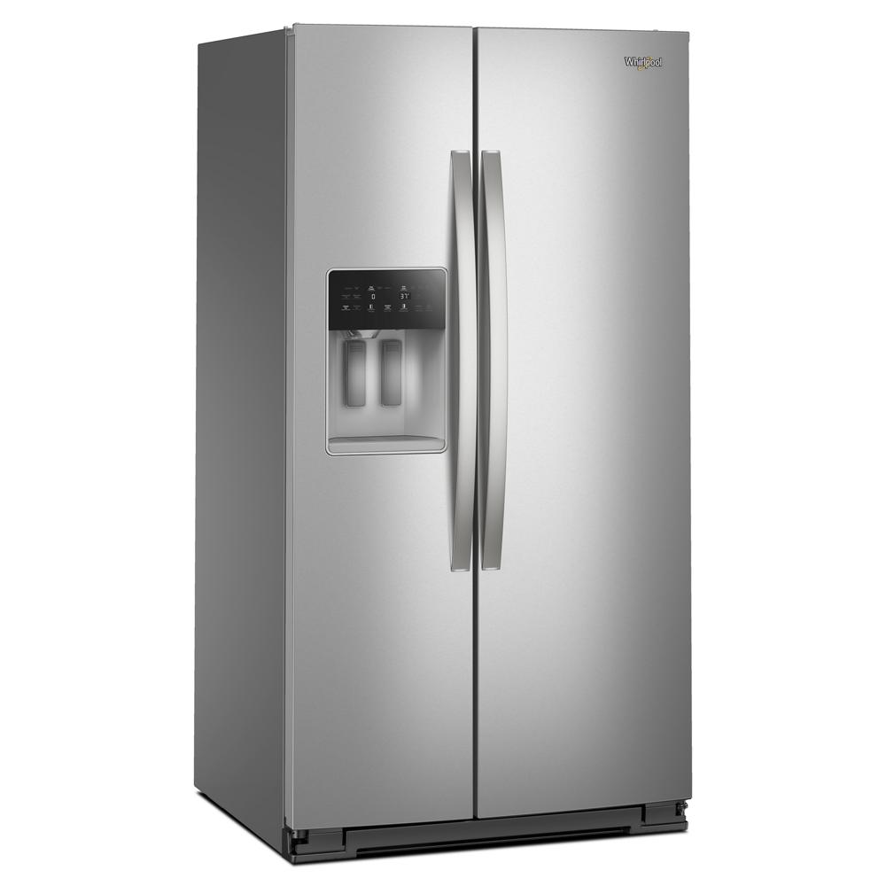 Stainless steel side-by-side refrigerator with water dispenser and sleek curved handles in kitchen appliance collections