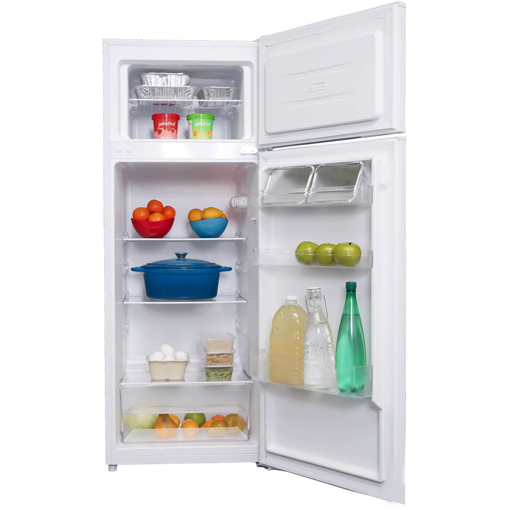 Open white top freezer refrigerator showing organized fresh produce, beverages, and kitchenware in Appliances collection